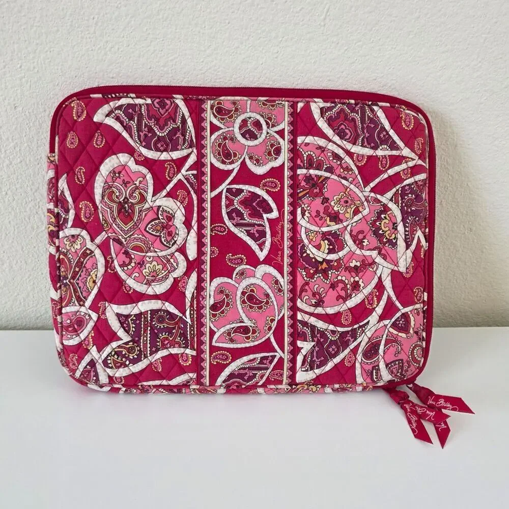 Vera Bradley Laptop Sleeve Quilted Paisley Case Pink Red Zip Closure